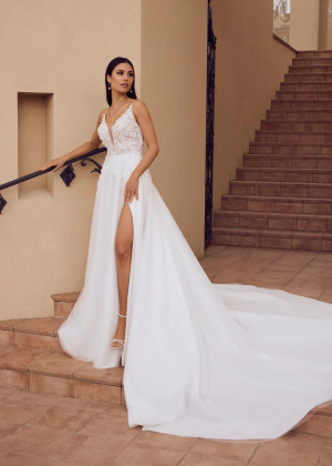 Beaded Ivory Lace Tulle Low Open Back Slit Wedding Dress
